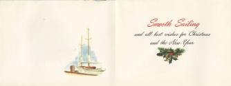 Interior of Christmas card, colored drawing of two docked sailboats on left page, inscription o…