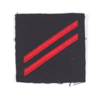Navy blue square felt patch with two red embroidered hash marks