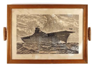 Wood framed serving tray with black and white print of aircraft carrier USS Intrepid at sea in …