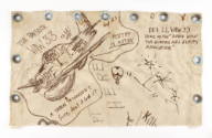 Bunk canvas with metal grommets on three sides, hand drawn image of a Skyraider plane and graff…