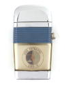 Lighter with blue plastic grips and push button on one side, body depicts a colored circular US…