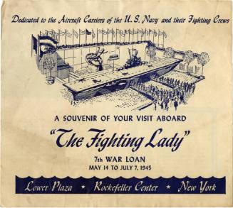 Front of "The Fighting Lady" souvenir program with drawing of an aircraft carrier in Rockefelle…