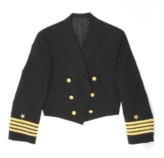 U.S. Navy blue dinner dress jacket with gold buttons and four gold stripes on each cuff