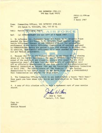 Typed memo regarding the Battle Efficiency Award, with a blue shield with the words "Commander …