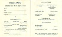 Folded paper that reads "Special Menu, Crossing the Equator" in blue ink listing food and drink…