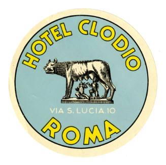 Ciruclar flier for Hotel Clodio in Rome, with a drawing of Romulus and Remus feeding from a wol…