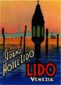 Flier for Grand Hotelo Lido in Venice with a drawing of a Venetian waterway at sunset