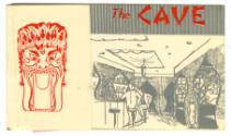 Buisness card for The Cave with a red drawing of a mask and a black and white drawing of a bar