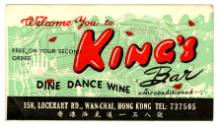 Buisness card for King's Bar in Hong Kong with red text overlaid on a green map