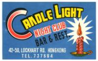 Business card for Candle Light Night Club Bar & Restaurant in Hong Kong with a drawing of a can…