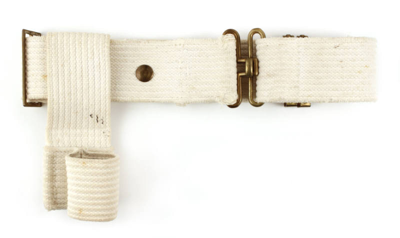 Off-white woven shore patrol belt with detachable canvas holster for a baton