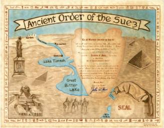 Printed certificate for Ancient Order of the Suez with a drawing of the Suez Canal, lake and hi…