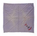 Square faded blue handkerchief with “U.S.N. Sweetheart” embroidered in red and a navy blue foul…