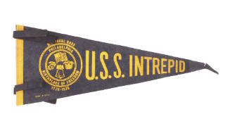 Navy blue bicentennial pennant flag with yellow trim and design that reads “U.S.S. Intrepid”