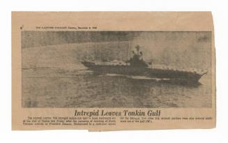 Printed newspaper clipping with a black and white photograph of Intrepid that reads "Intrepid L…
