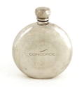 Circular silver pocket flask with screw-on lid, "Concorde" imprinted on one side 