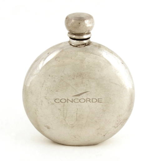 Circular silver pocket flask with screw-on lid, "Concorde" imprinted on one side 