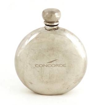 Circular silver pocket flask with screw-on lid, "Concorde" imprinted on one side 