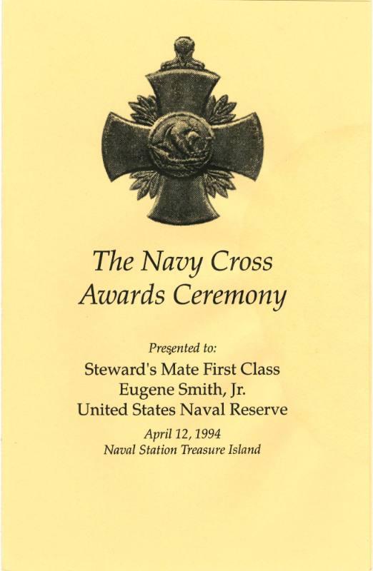 Printed program for The Navy Cross Awards Ceremony presented to Eugene Smith, Jr. dated April 1…