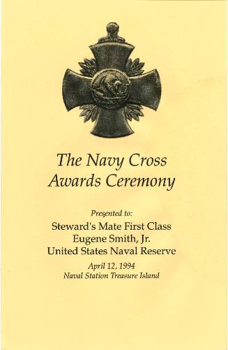 Printed program for The Navy Cross Awards Ceremony presented to Eugene Smith, Jr. dated April 1…