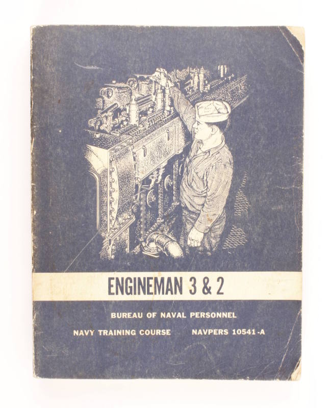 Blue printed manual for Engineman 3 & 2, with a drawing of an engineman working on machinery