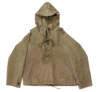 U.S. Navy drab green raincoat, laid flat front face up, lace up neckline opening and hood visib…
