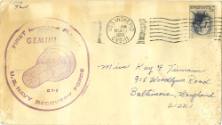 Envelope with purple stamp of the Gemini capsule addressed to Miss Kay F. Tiemann