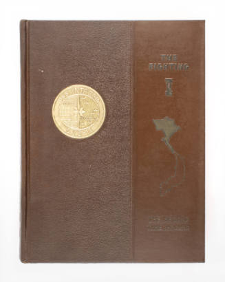 Brown hardcover USS Intrepid Cruise Book for 1967 with gold USS Intrepid seal and drawing of Vi…