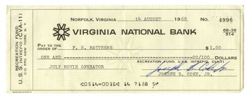 Check from the USS Intrepid Recreation Fund payable to F.E. Matthews for one dollar