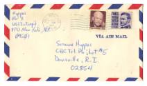 Handwritten envelope with red, white, and blue stripes around the edges, addressed to "Suzanne …