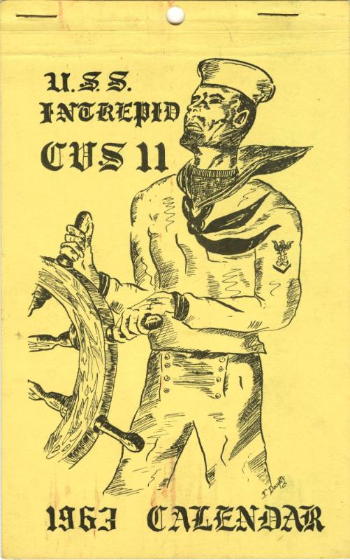 Yellow printed USS Intrepid 1963 calendar with a drawing of a sailor at the helm