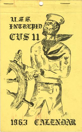 Yellow printed USS Intrepid 1963 calendar with a drawing of a sailor at the helm