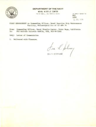Printed memorandum regarding commendation for Gofrido Garcia, dated July 1, 1974