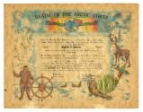 Printed Realm of the Arctic Circle certificate with colorful drawings of an Inuit man, walrus, …
