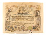 Printed plank owner certificate with colorful drawings of a ship and other nautical images