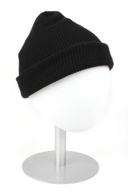 Dark blue knit cap with folded over edge displayed on a white mannequin head form