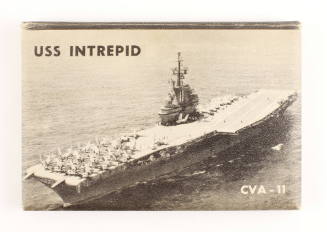 Hardcover USS Intrepid CVA-11 1958 calendar with a black and white photograph of Intrepid at se…