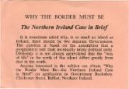 Printed pink card that reads "Why the Border Must Be: The Northern Ireland Case in Brief"