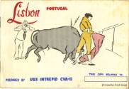 Printed booklet titled "Lisbon" with a drawing of a sailor watching a bull and a matador