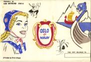 Printed booklet titled "Oslo, Norway" with drawings of Viking ships, people dancing, and a woma…