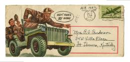 Envelope with a color drawing of an army jeep with two soliders in it