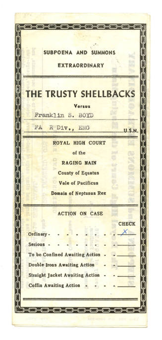 Cover of printed, trifold subpoena for The Trusty Shellbacks versus Franklin S. Boyd
