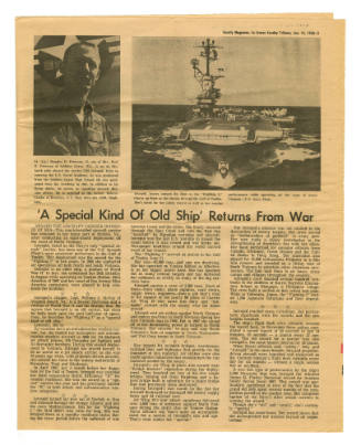 Newspaper article clipping titled “’A Special Kind of Old Ship’ Returns from War”