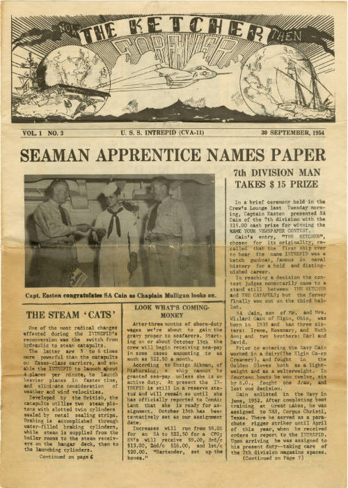 Cover of USS Intrepid newspaper The Ketcher, with main article titled “Seaman Apprentice Names …