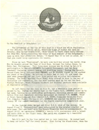 Typed newsletter to the families of Detachment 11 with a black and white image of their officia…