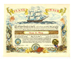 Plank owner certificate for Duane C. Olney with colorful drawings of a ship and other nautical …