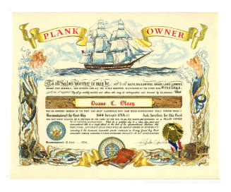 Plank owner certificate for Duane C. Olney with colorful drawings of a ship and other nautical …
