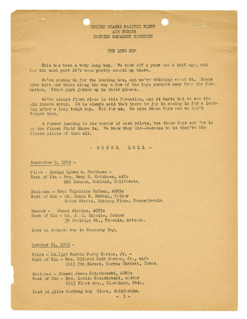 First page of the torpedo squadron VT-18 honor roll, typed list of men who died during World Wa…