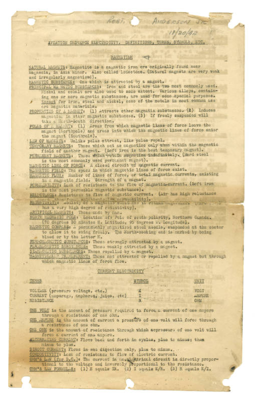 First page of typed document titled "Aviation Ordnance Electricity Definitions, Terms, Symbols,…