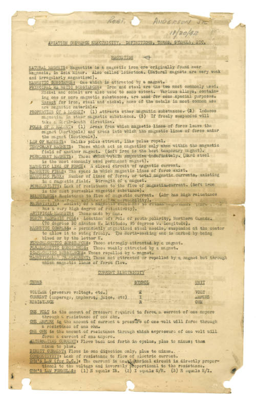 First page of typed document titled "Aviation Ordnance Electricity Definitions, Terms, Symbols,…